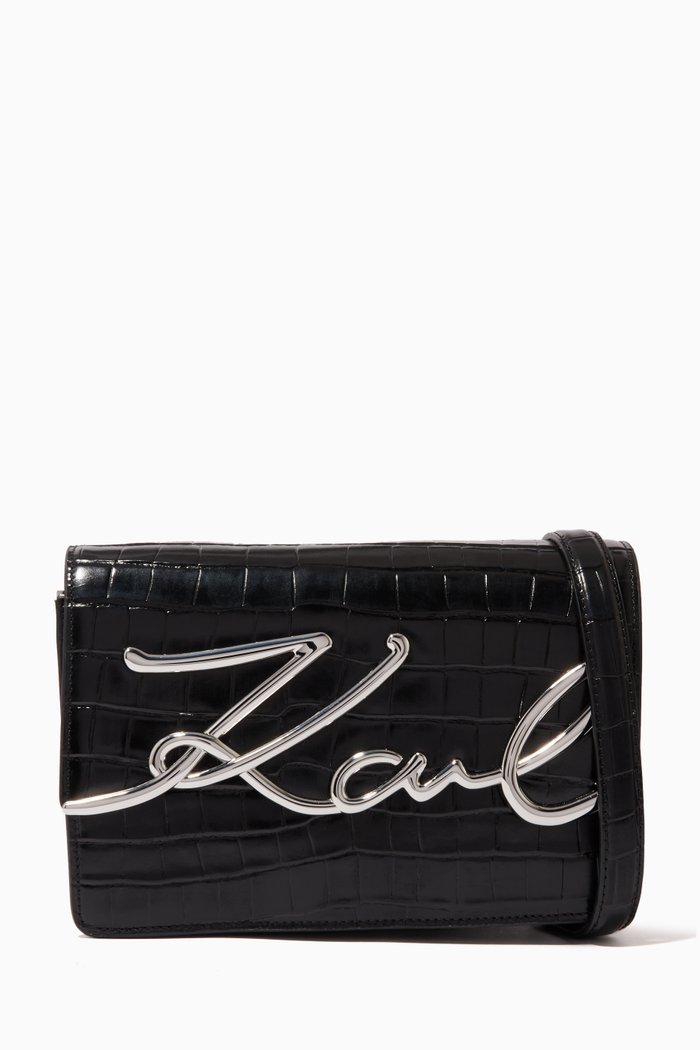 

K/Signature Shoulder Bag in Croc-embossed Leather, Black