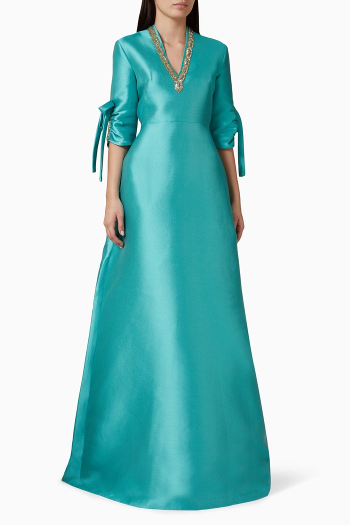 

Embellished Kaftan Gown in Mikado, Blue