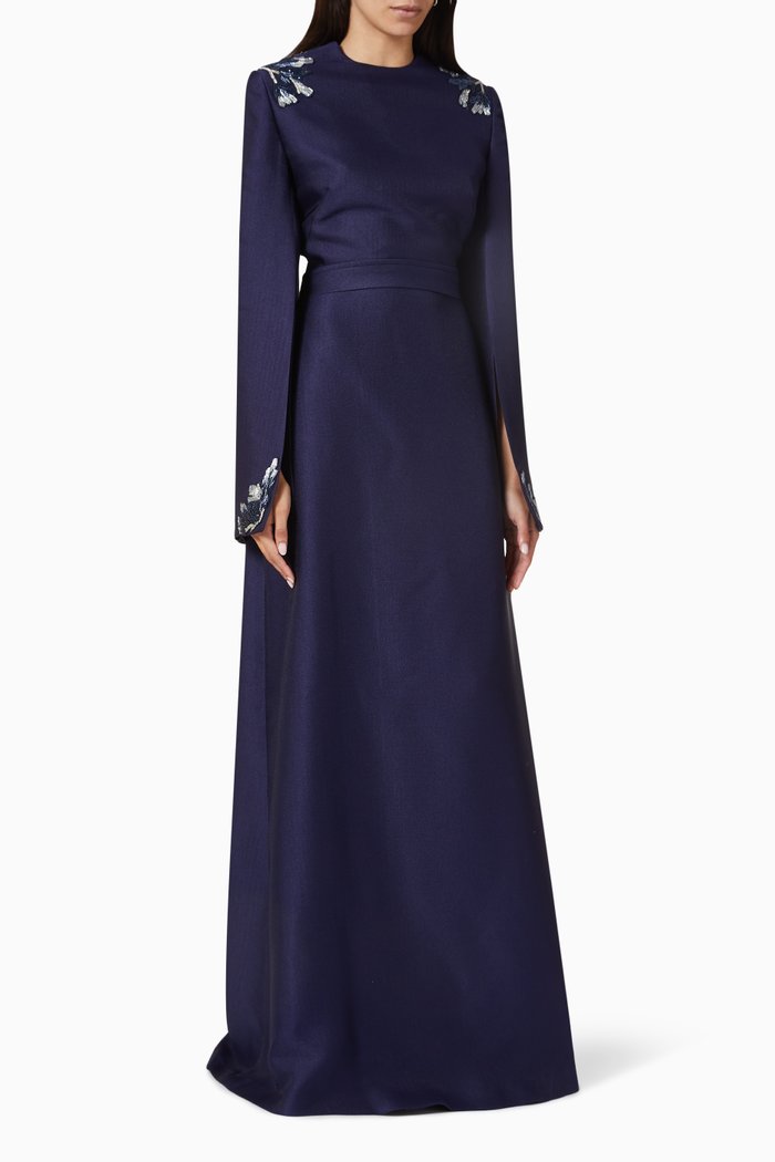 

Beaded Cape Gown in Mikado, Blue