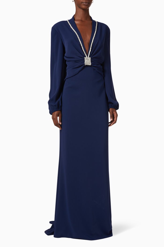 

Jeweled Medallion Gown in Crepe, Blue