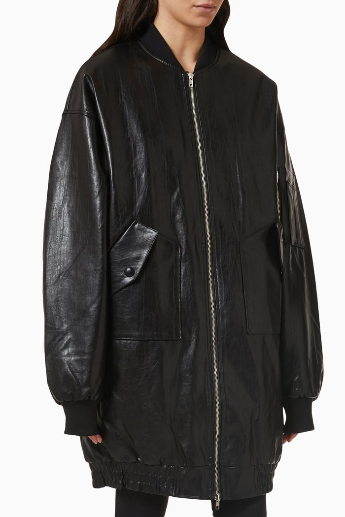 Jesse Long Bomber Jacket in Faux-leather, Black