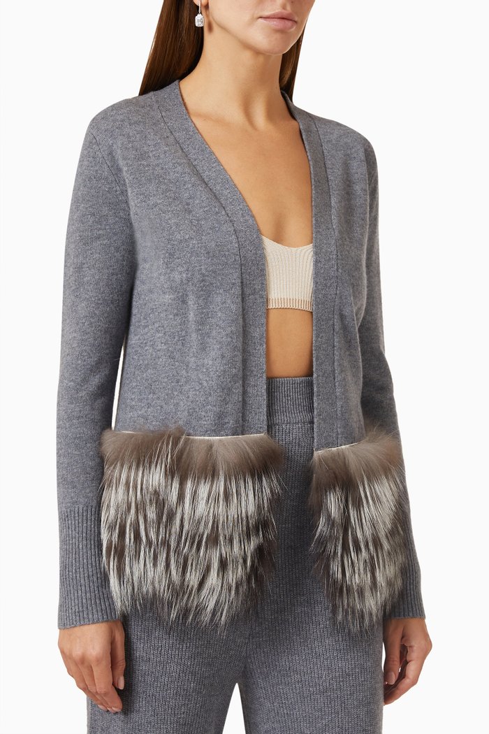 

Fox Fur-trim Cardigan in Merino Wool & Cashmere, Grey