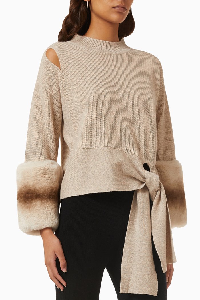 

Chinchilla-cuff Tie Sweater in Merino Wool, Neutral
