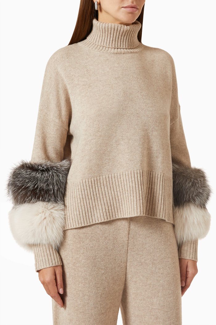 Fox Fur-cuff Turtleneck Sweater in Merino Wool & Cashmere, Neutral