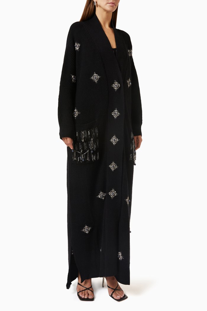 

Embellished Maxi Cardigan in Merino Wool & Cashmere, Black