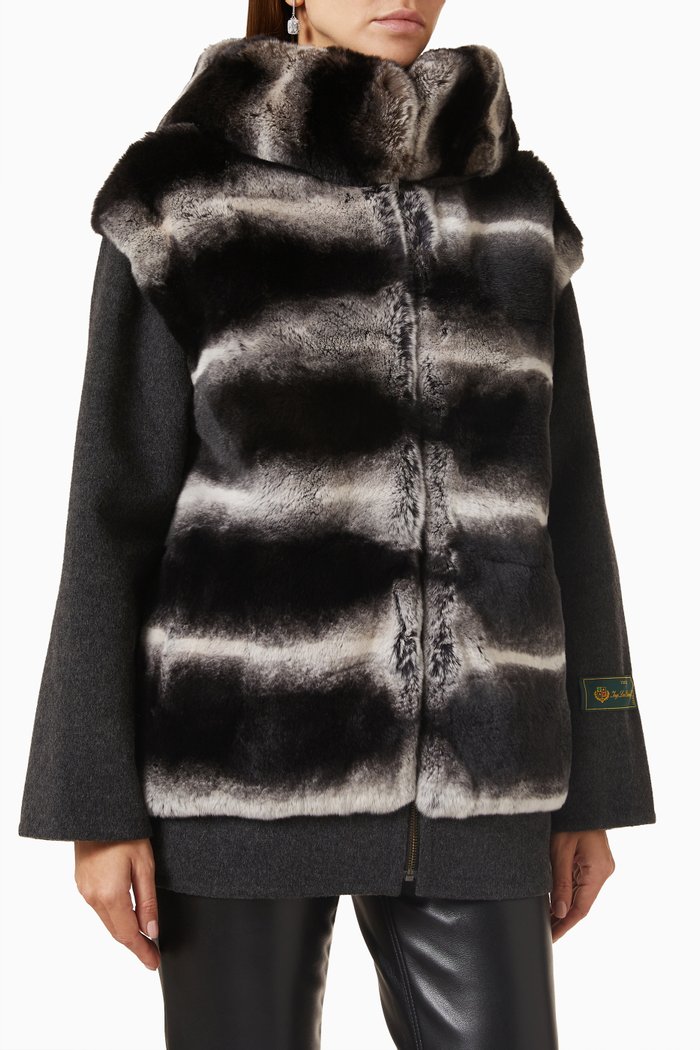 

Chinchilla Fur Hooded Coat in Fine Wool & Cashmere, Black
