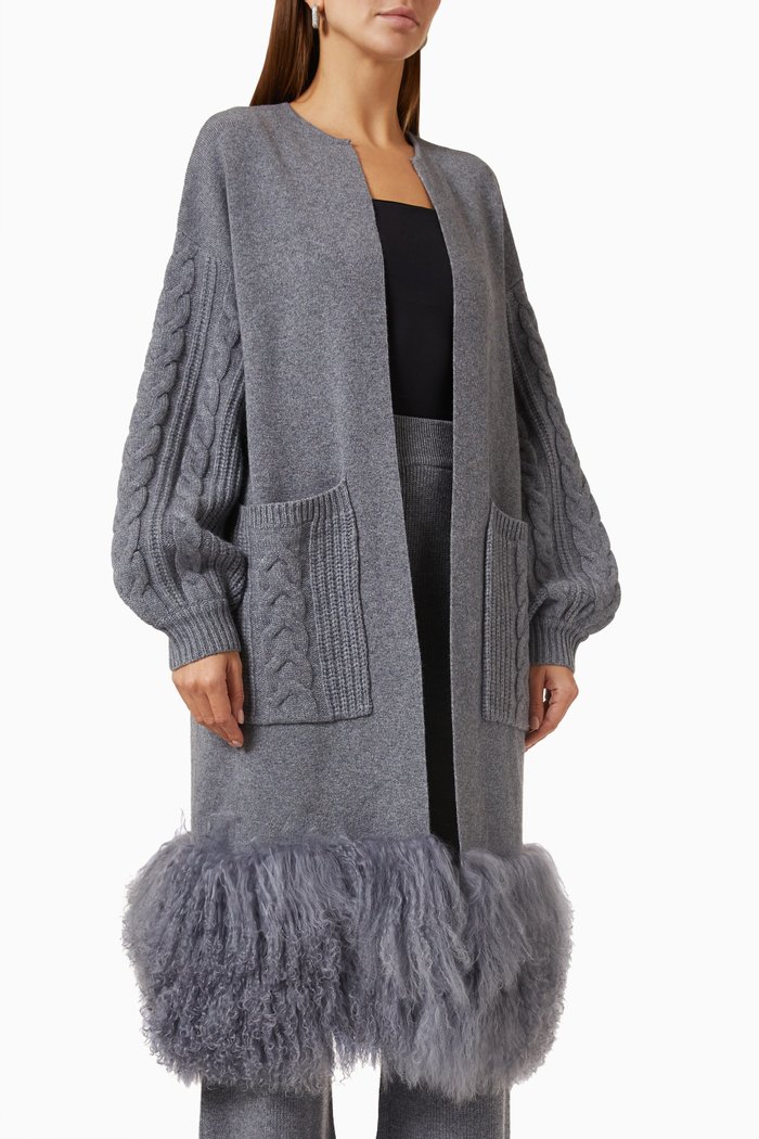 

Shearling-cuff Long Cardigan in Merino Wool & Cashmere, Grey