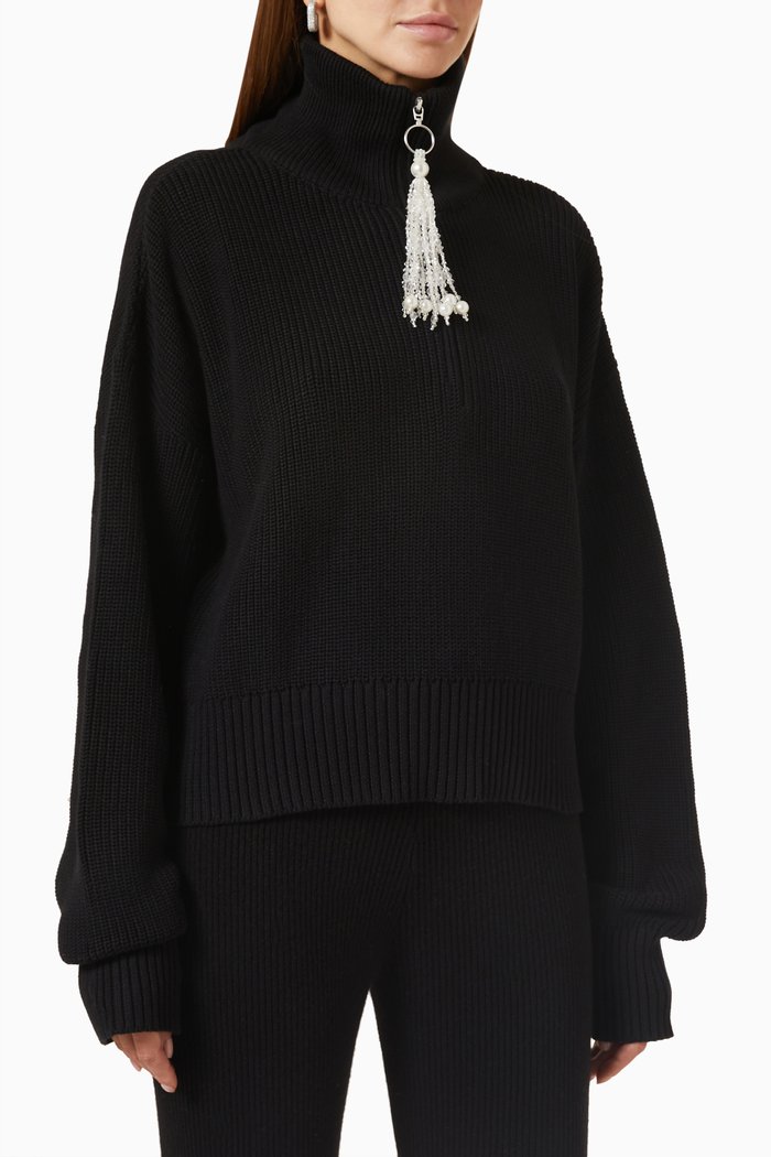 

Embellished-tassel Zip Sweater in Cotton Knit, Black