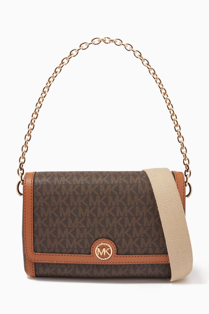 

Freya Small Convertible Logo Crossbody Bag in Signature Monogram Canvas, Brown