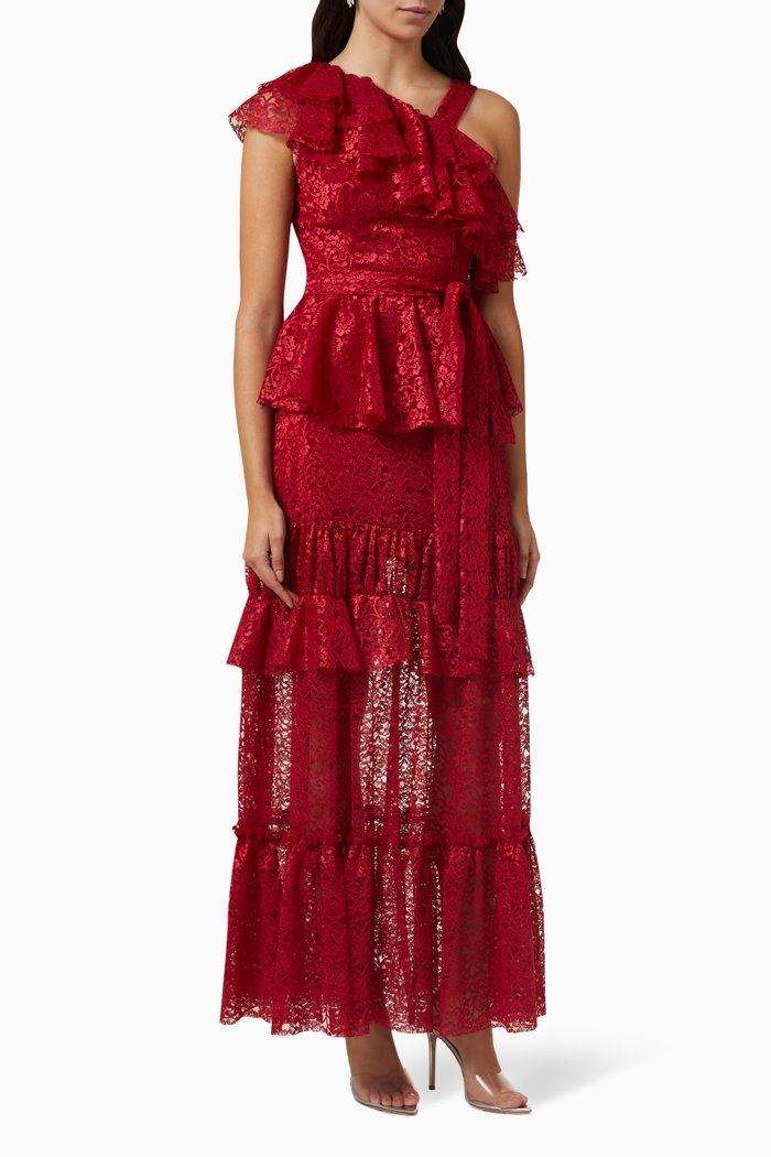 

Tiered Maxi Dress in Lace, Red