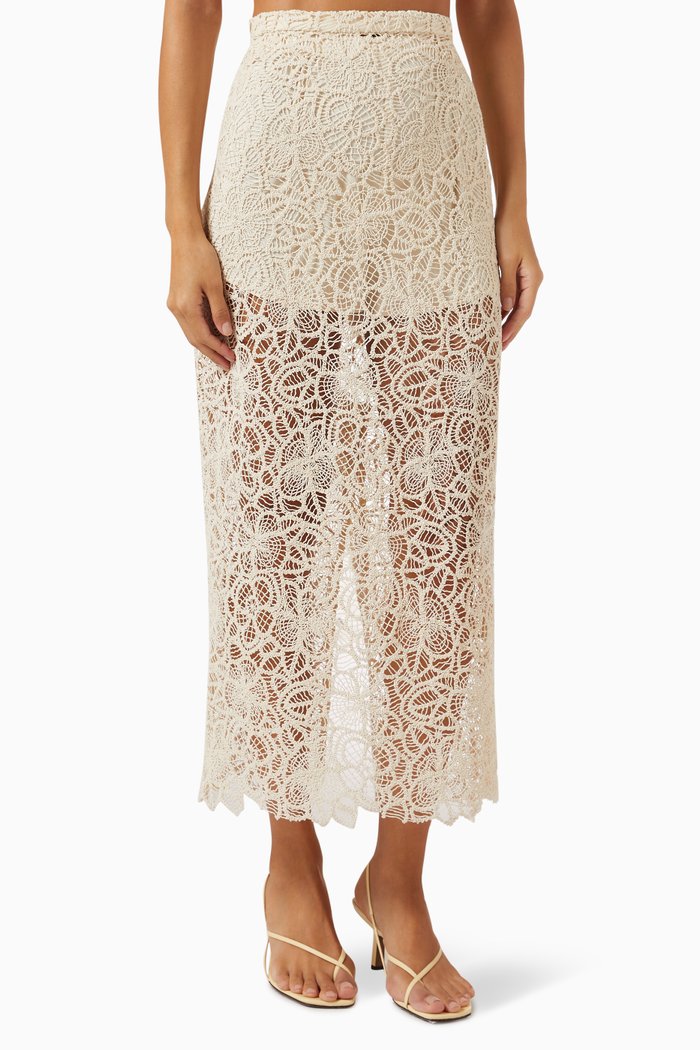 High-rise Midi Skirt in Macrame Lace, Neutral