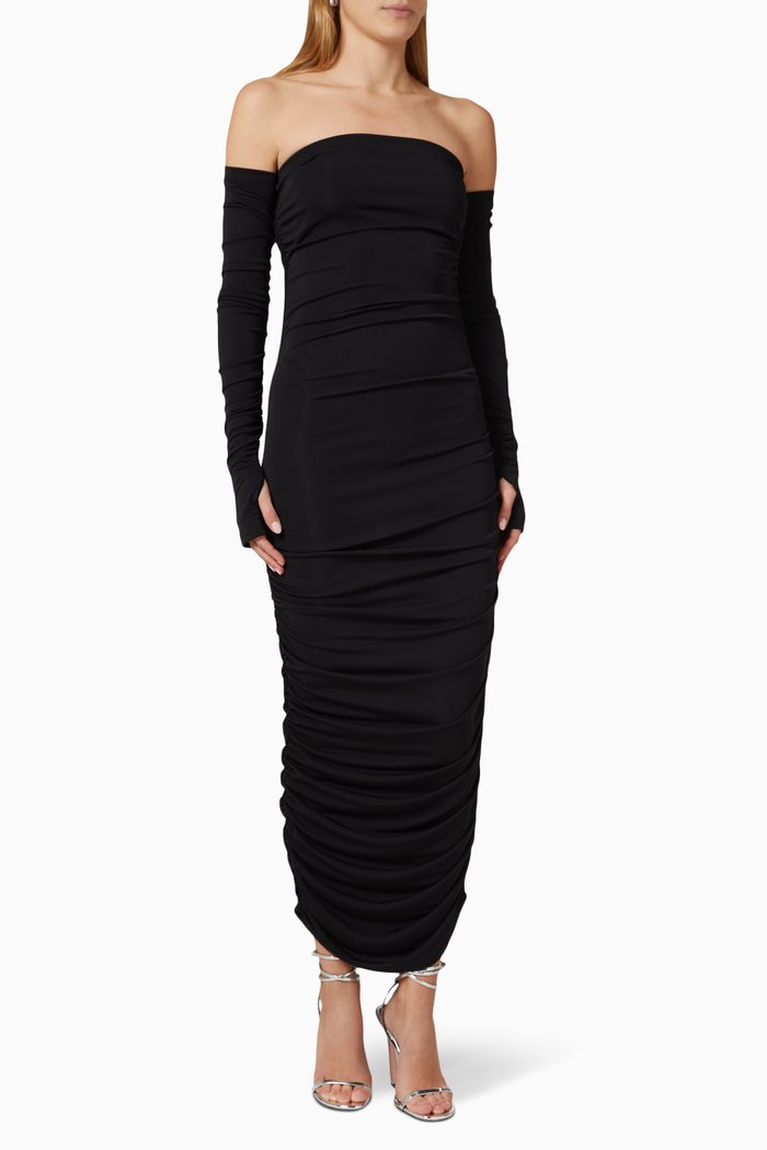 

Linda Off-shoulder Draped Midi Dress in Viscose-jersey, Black