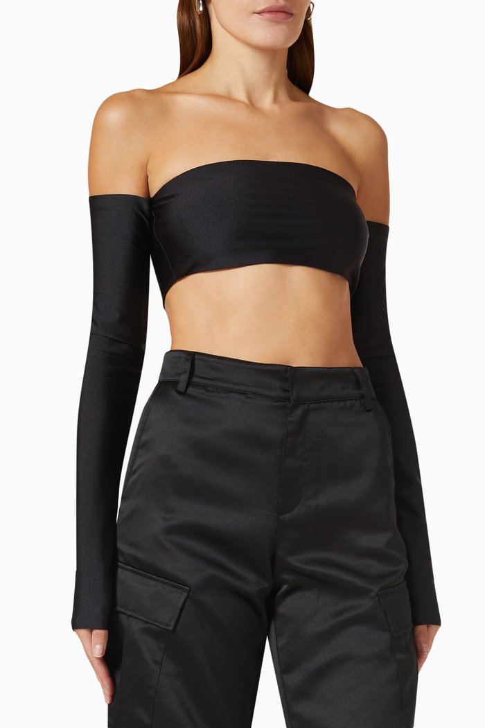 

Lexi Off-shoulder Crop Top in Shiny Lycra, Black