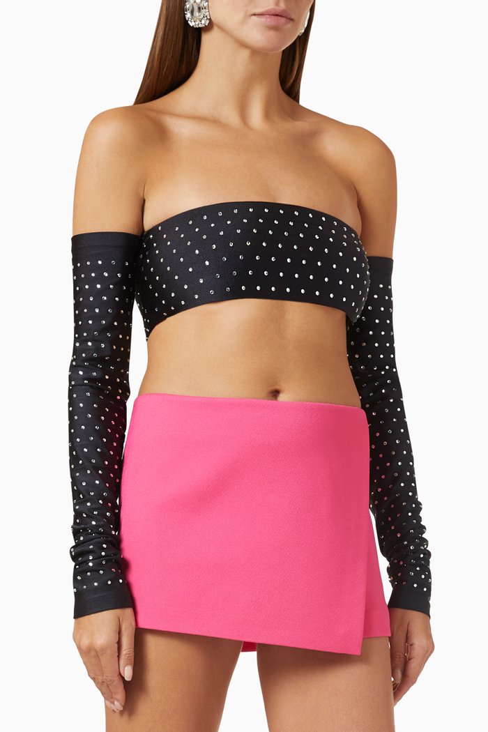 

Lexi Crystal-embellished Off-shoulder Crop Top in Shiny Lycra, Black