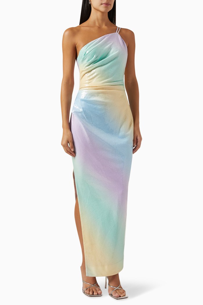 

Ombre One Shoulder Split Maxi Dress in Sequinned Crepe, Multicolour