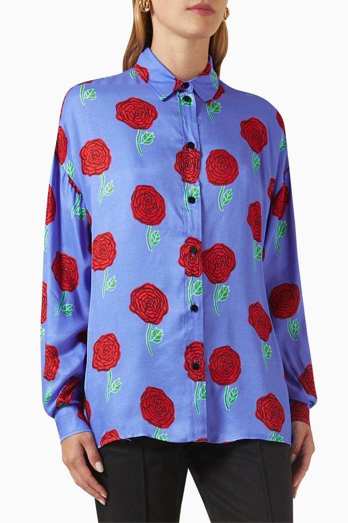 

Rose Print Shirt in Twill, Blue