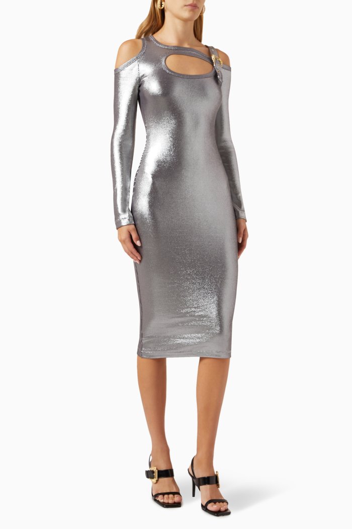 

Buckled Midi Dress in Metallic Ribbed-cotton, Silver
