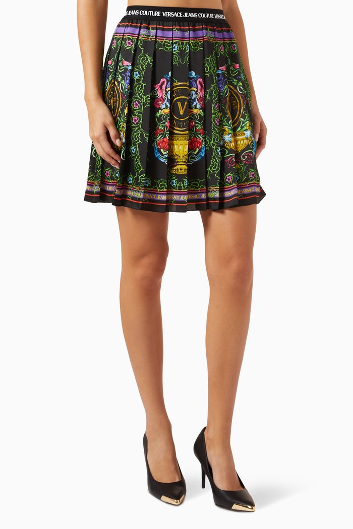 

Garden-print Pleated Mini Skirt in Viscose, Black