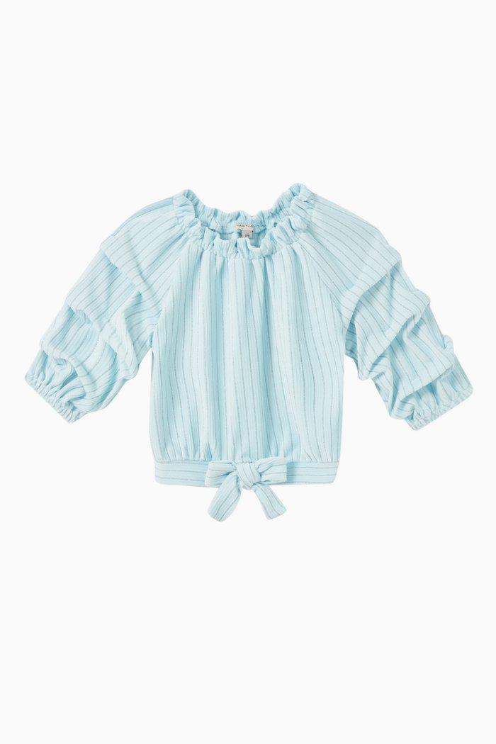 Velour Gathered Sleeves Top in Polyester, Blue