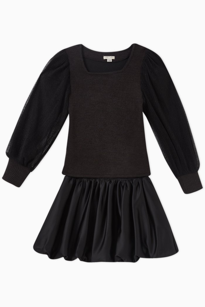 Rib Knit Top & Skirt Set in Acrylic & Polyester, Black