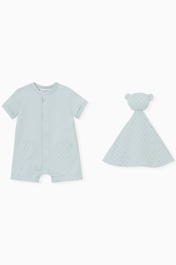 

Logo Romper & Blanket Set in Cotton Jersey, Blue