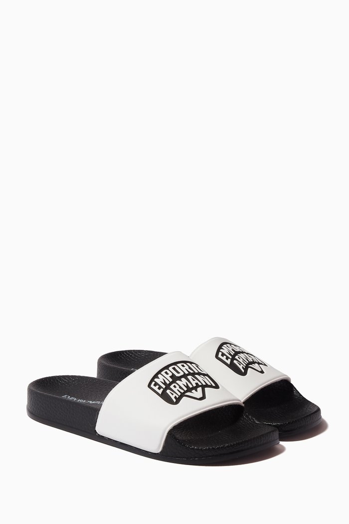 

Logo Pool Slides in Leather & Rubber, White
