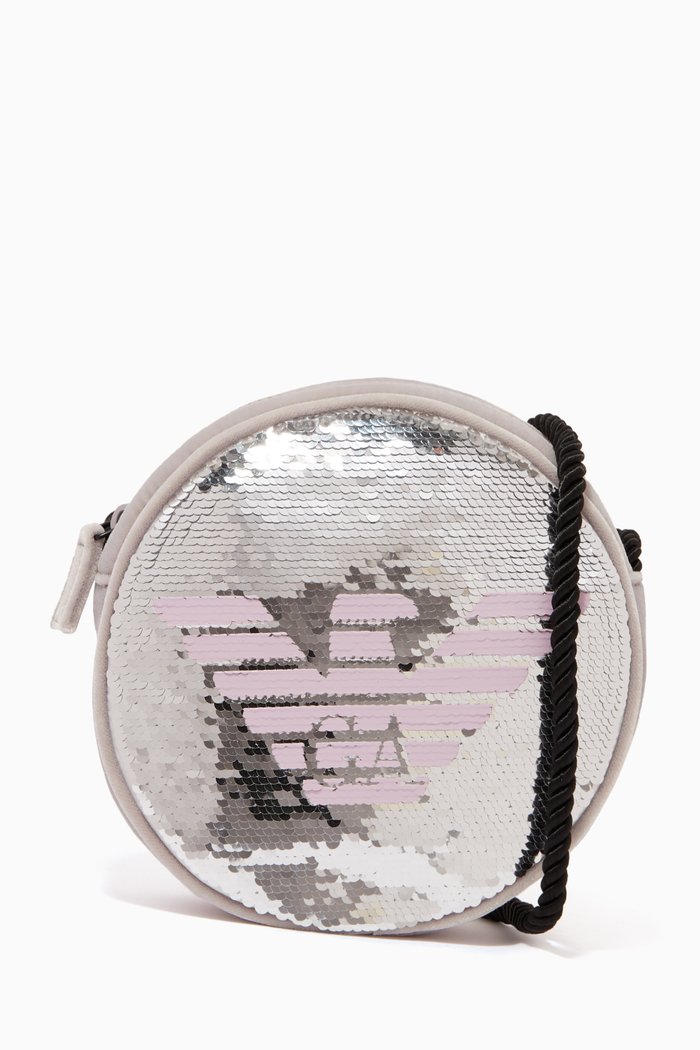 

Sequined Eagle Logo Round Crossbody Bag, Silver