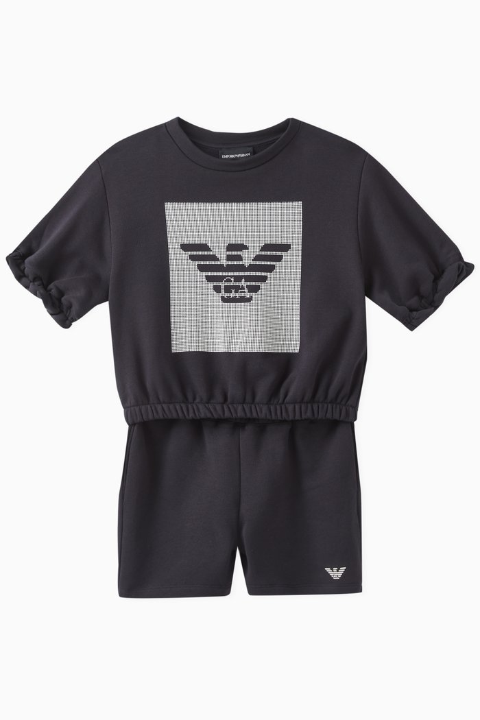 

Logo Print Shirt & Short Set in Cotton Jersey Fleece, Blue