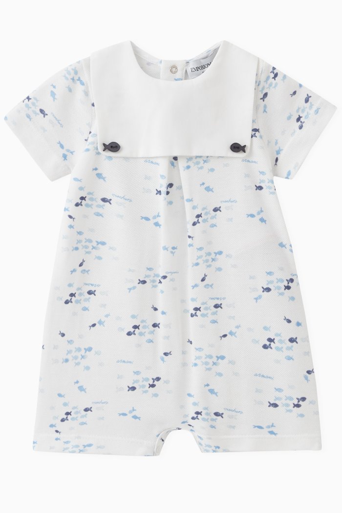 

Fish Print Romper in Cotton Piqué, Blue