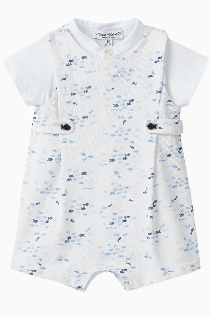 

Fish Print Bodysuit and Romper Set in Cotton, Blue