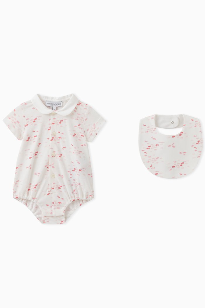 

Fish Print Jumpsuit & Bib Set in Cotton Pique, Pink