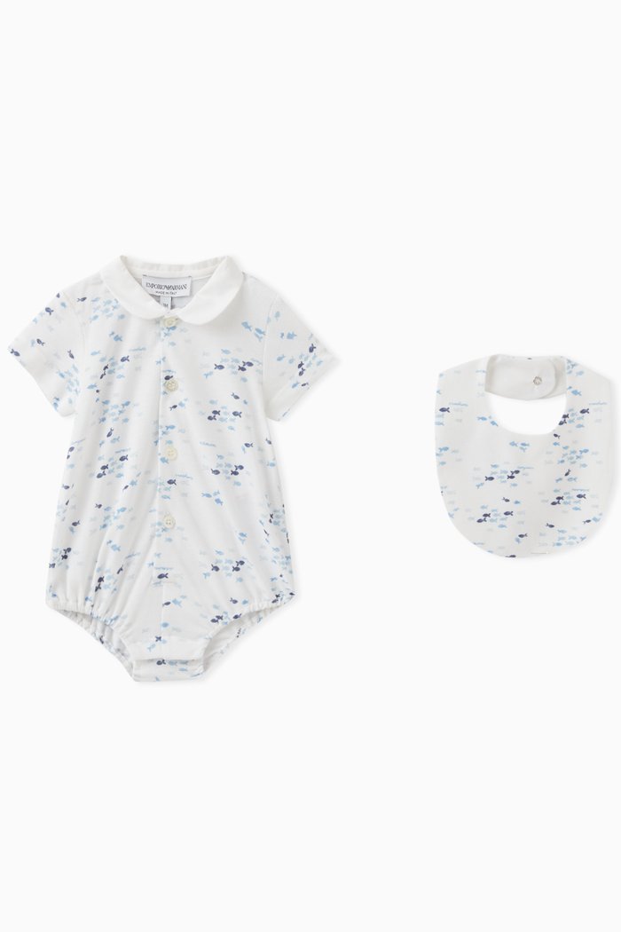 

Fish Print Romper & Bib Set in Cotton Pique, White
