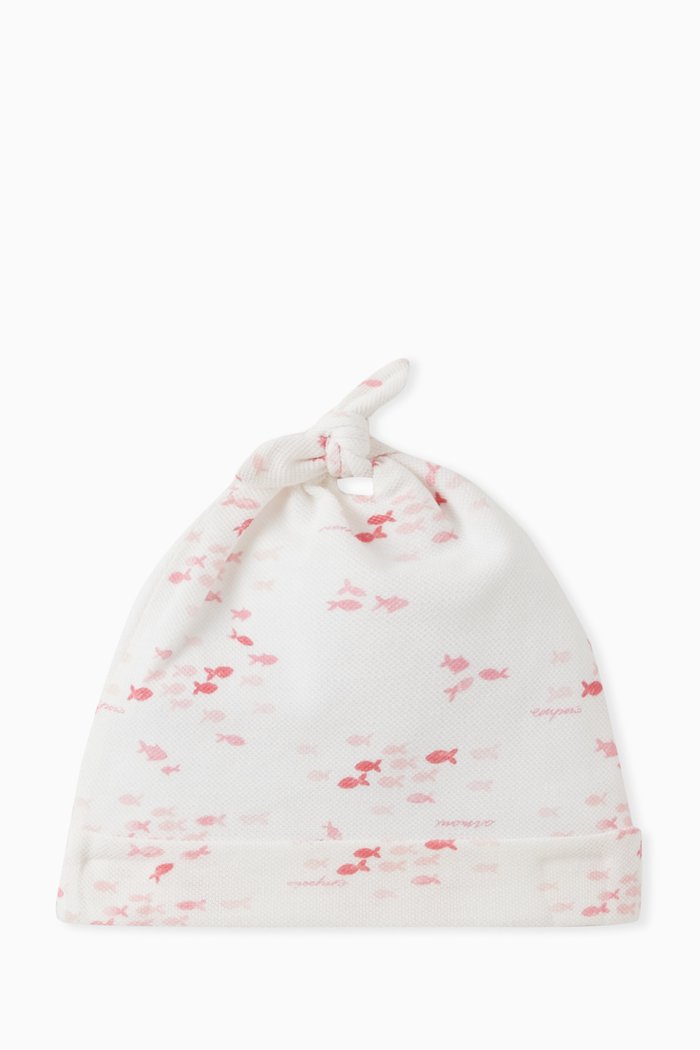 

Fish Print Beanie in Cotton Pique, Pink