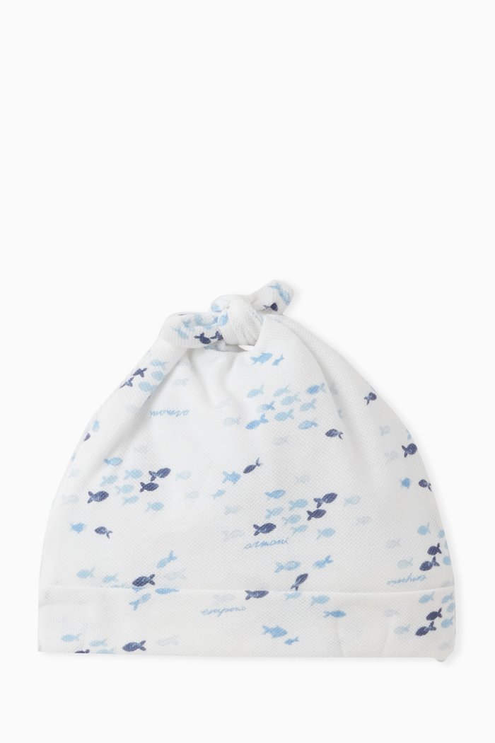 

Fish Print Beanie in Cotton Pique, White