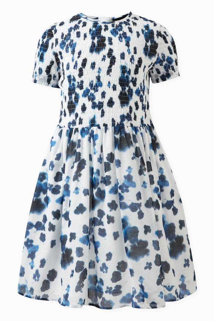 

Floral-print Smocked Dress in Cotton, Blue