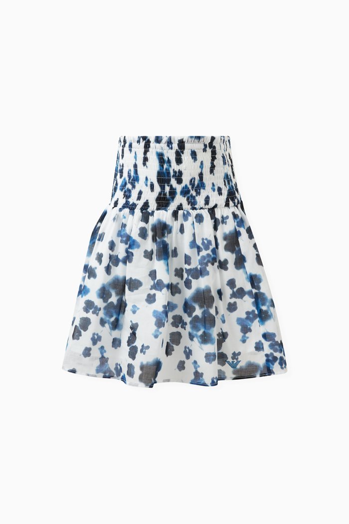 

Floral-print Smocked Skirt in Cotton, Blue