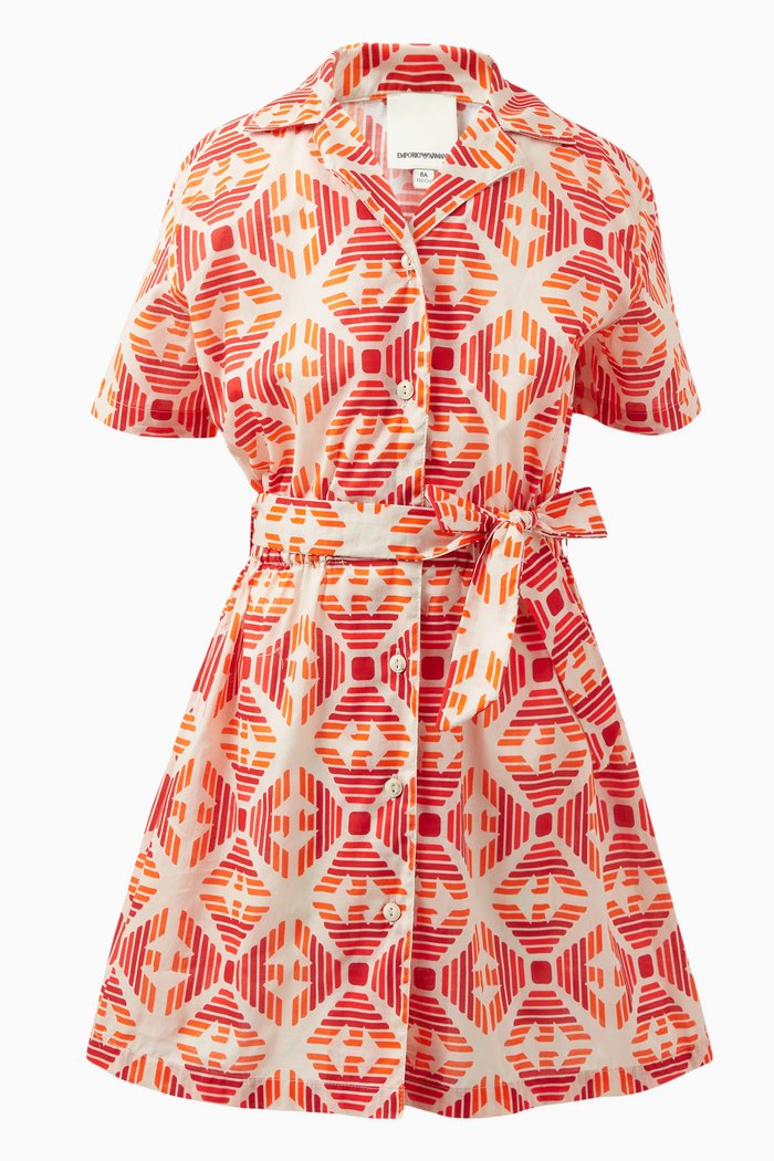 Geometric-print Collared Dress in Cotton, Orange