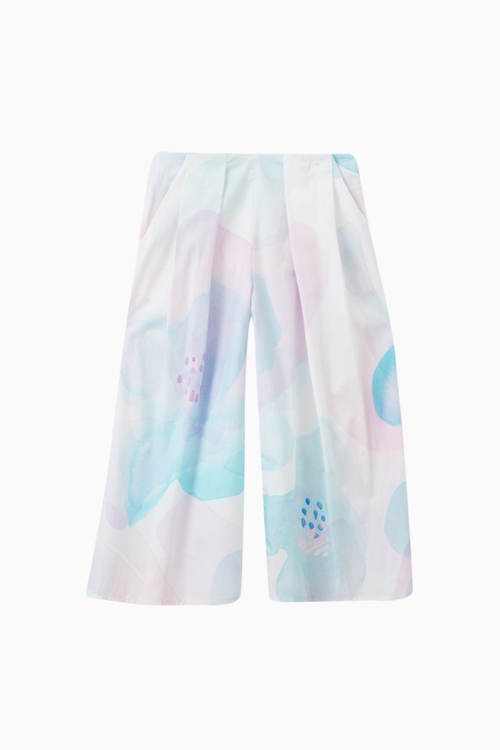 

Watercolour Floral Print Pleated Trousers in Cotton Poplin, Multicolour