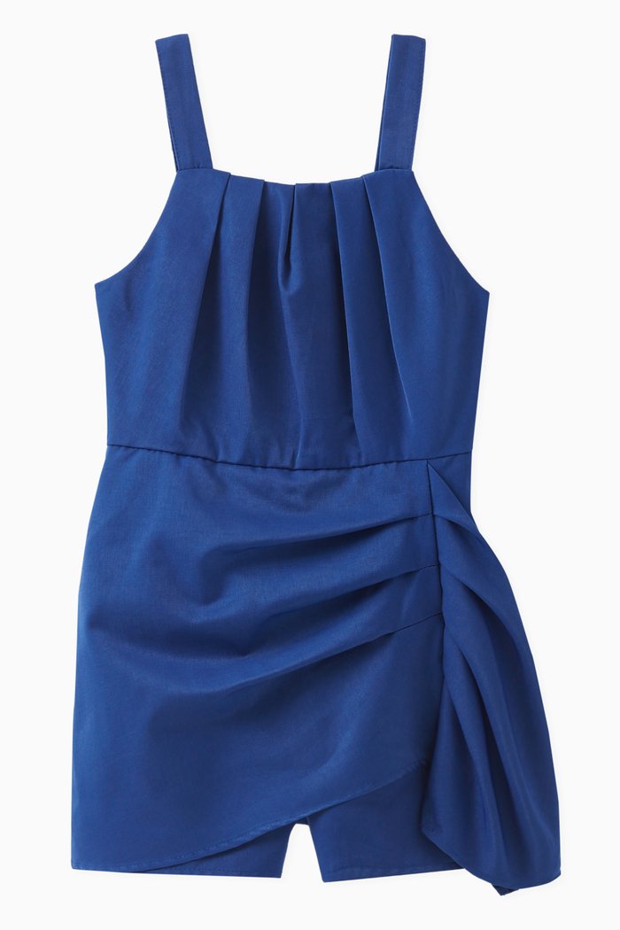 

Mock Wrap Gathered Romper in Cotton-blend, Blue