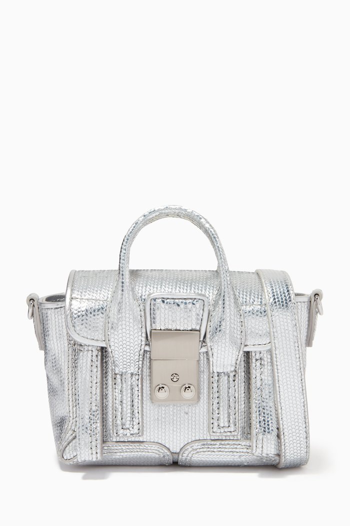 

Pashli Nano Satchel Bag in Shark-embossed Leather, Silver