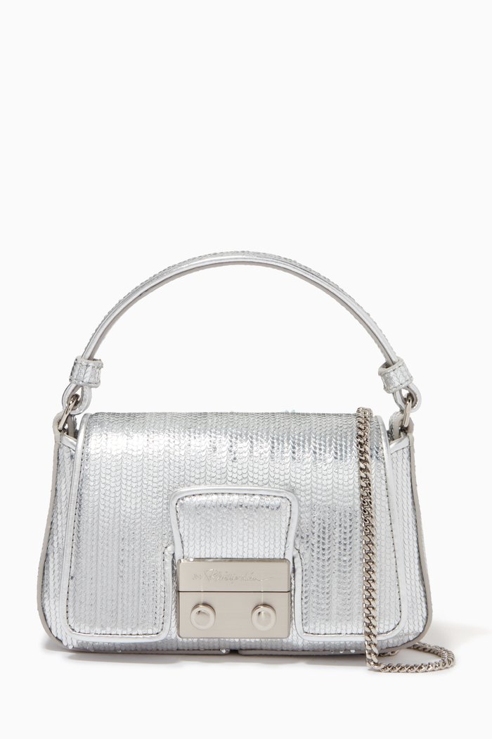

Pashli Micro Chain Bag in Laser-cut Metallic Leather, Silver