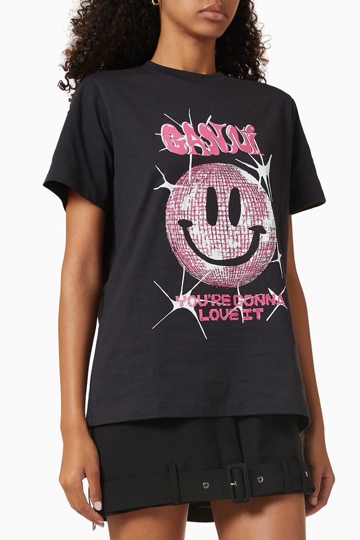

Smiley Graphic-Print T-shirt in Organic Cotton, Black