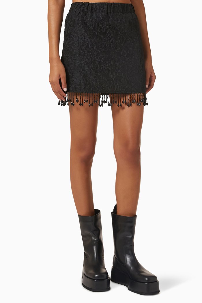 

Bead-embellished Fringed Mini Skirt in Recycled Jacquard Organza, Black