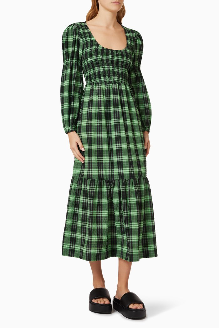 

Seersucker Check Maxi Smock Dress in Cotton, Green