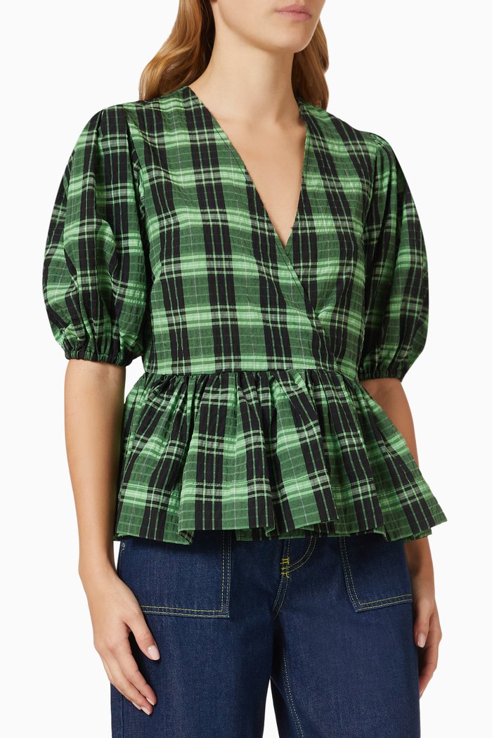 

Seersucker Check Wrap Blouse in Cotton, Green
