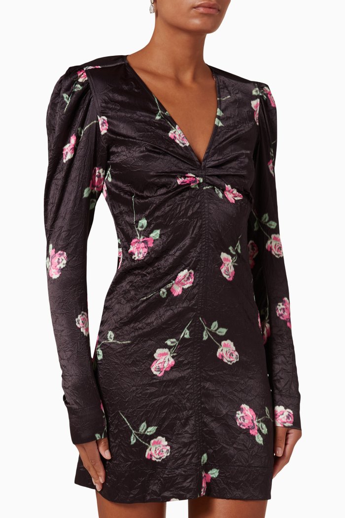 

Crinkled Floral-print Mini Dress in Recycled Satin, Black