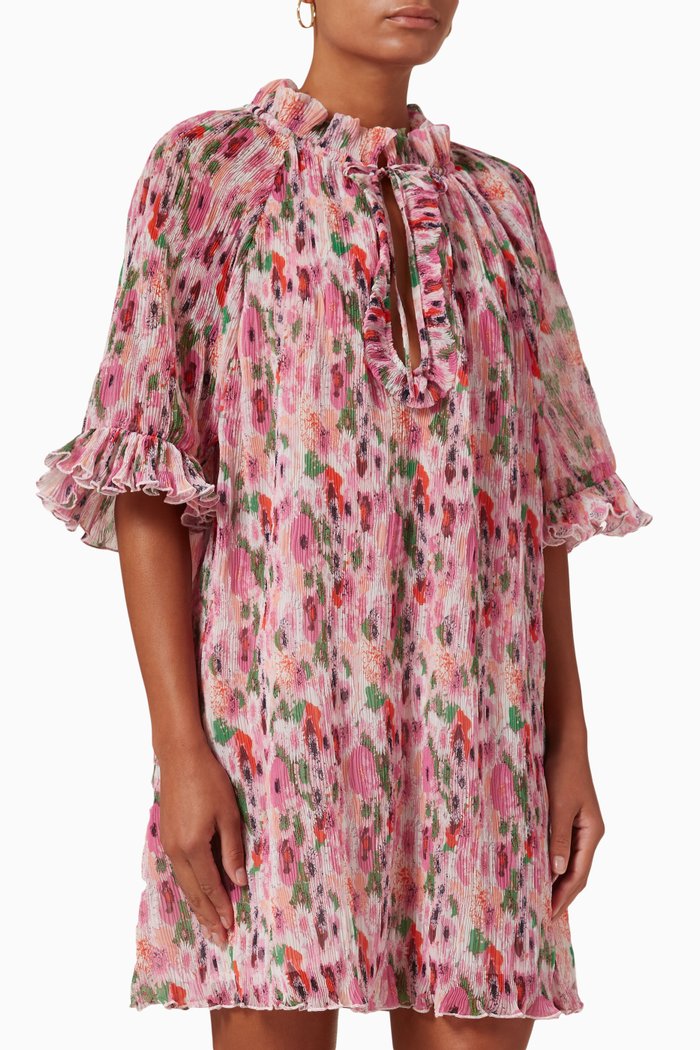

Floral-print Pleated Mini Dress in Recycled Georgette, Pink