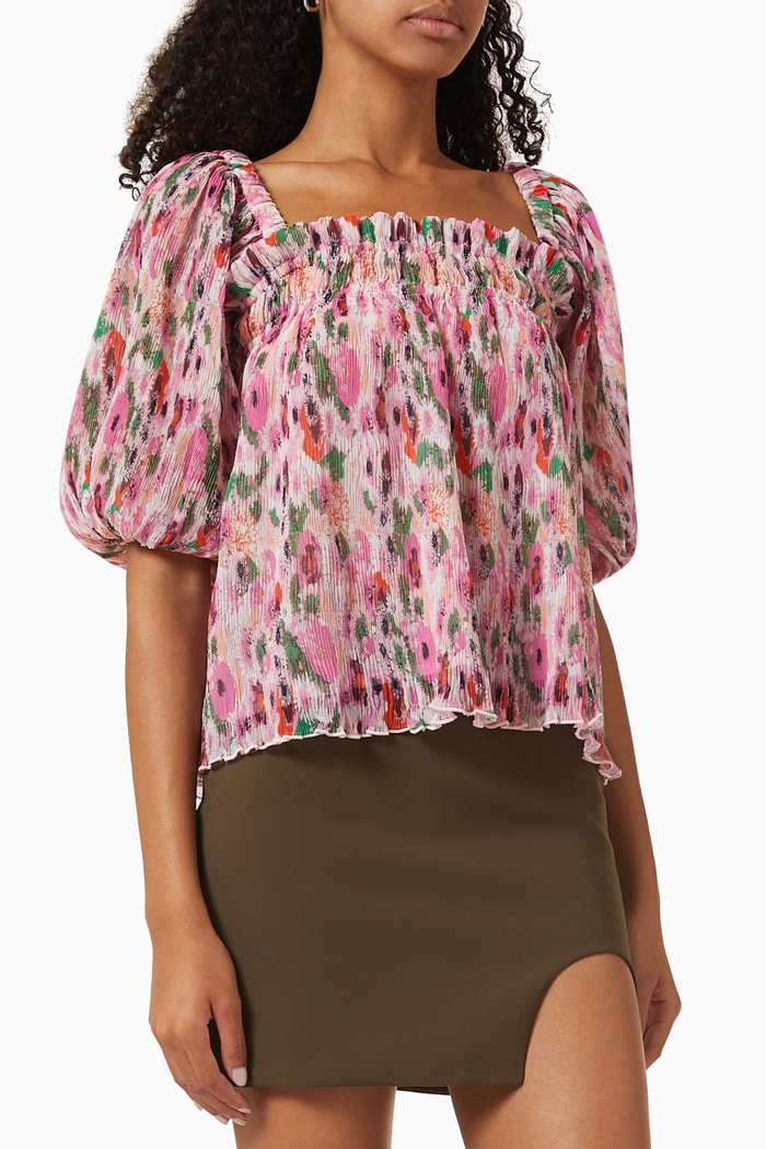 

Floral-print Pleated Top in Recycled Georgette, Pink