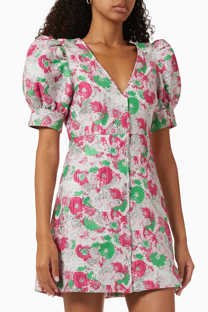 

3D Floral-patterned Mini Dress in Recycled Jacquard, Pink