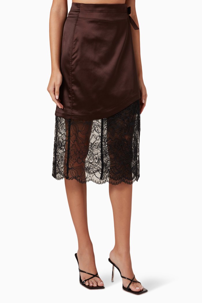 

Lace-trimmed Midi Wrap Skirt in Recycled Satin, Brown